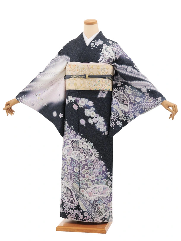 訪問着t1724 紺ラメ 辻が花調 扇 | 着物レンタルの京都かしいしょう