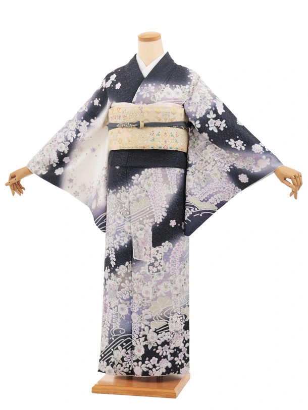訪問着t1732 ネイビーラメ 辻が花調 色紙文 | 着物レンタルの京都