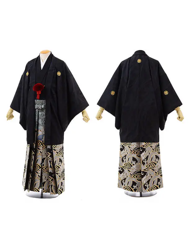 男性用袴men0071 黒地に風 紋服 ｲｴﾛｰにｺﾞｰﾙﾄﾞ花車(L) | 着物