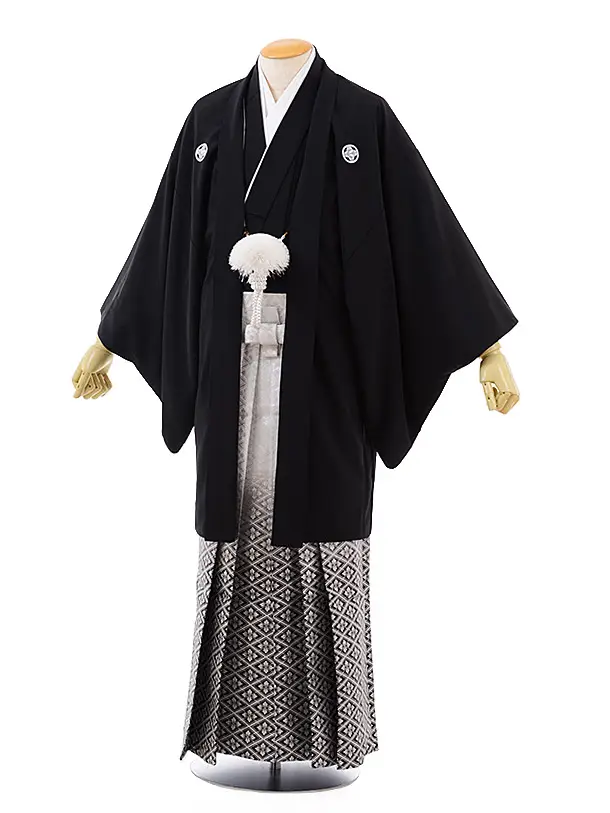 男子着物＆紋付袴フルセット　かんたん袴　白地＋黒に金模様 男性 メンズ 金刺繍紋入り 袴が選べる羽織袴セット 「白 菱、金