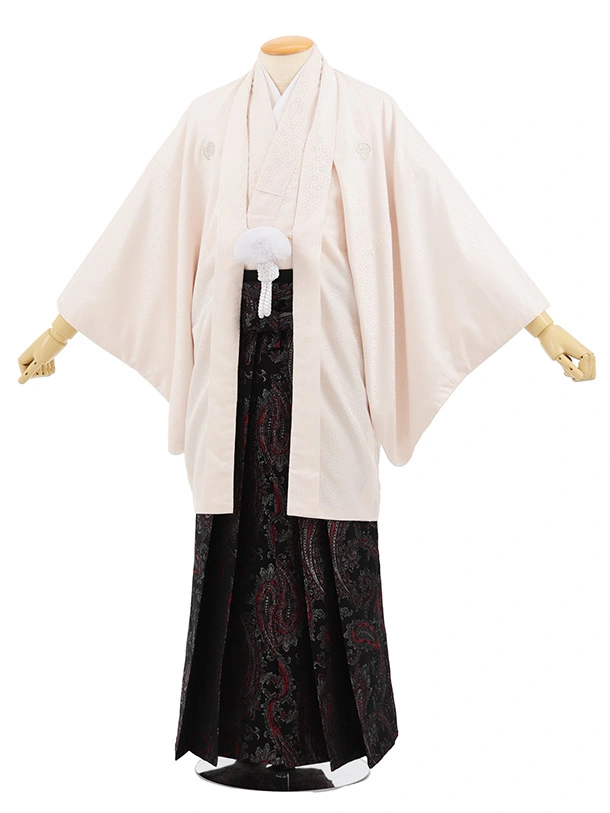 男性袴ﾚﾝﾀﾙ0308  ピンククリーム紋服×黒赤ペイズリー