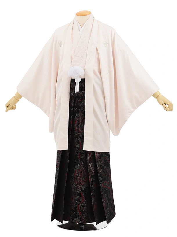 男性袴ﾚﾝﾀﾙ0310  ピンククリーム紋服×黒赤ペイズリー