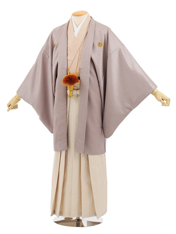 男性袴ﾚﾝﾀﾙ0311  グレージュラメ紋服×ベージュシルバー