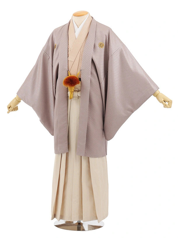 男性袴ﾚﾝﾀﾙ0312  グレージュラメ紋服×ベージュシルバー