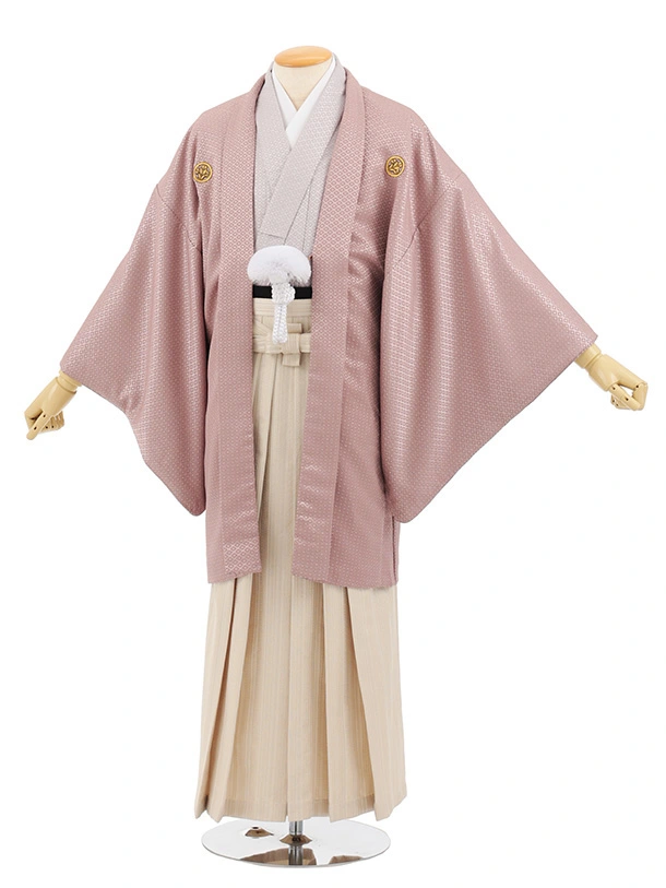 男性袴ﾚﾝﾀﾙ0315  モカピンクラメ紋服×ベージュシルバー