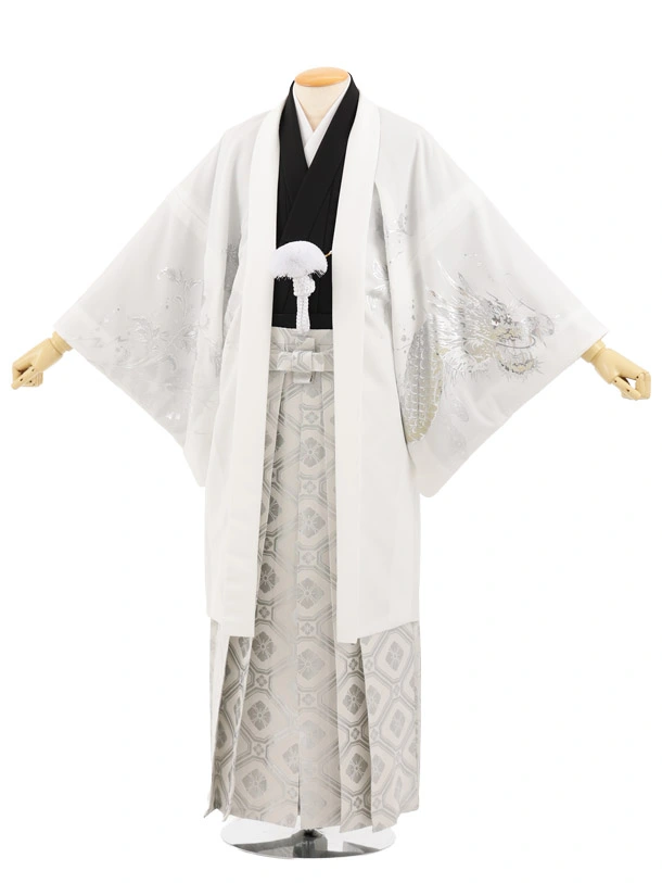 男性袴ﾚﾝﾀﾙ0340  白 銀彩 唐草に龍 × 白銀
