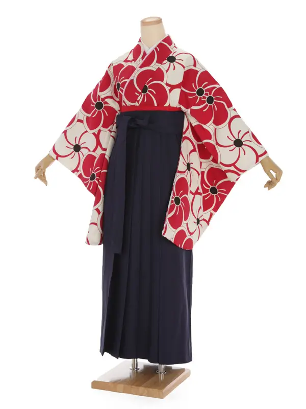 卒業袴レンタルh285 赤 ねじり梅柄 x 紺袴 | 着物レンタルの京都