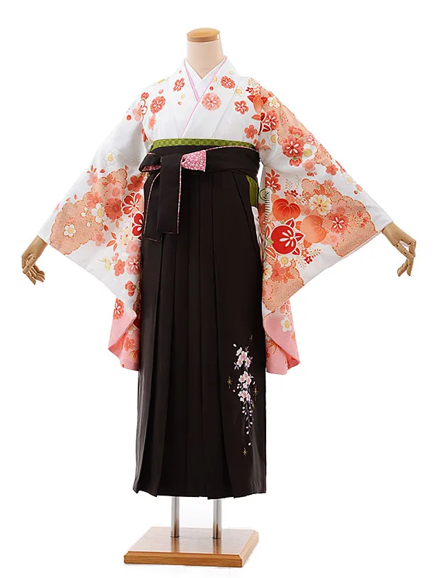 卒業式袴レンタルh460白地桜×ﾌﾞﾗｳﾝ袴 | 着物レンタルの京都