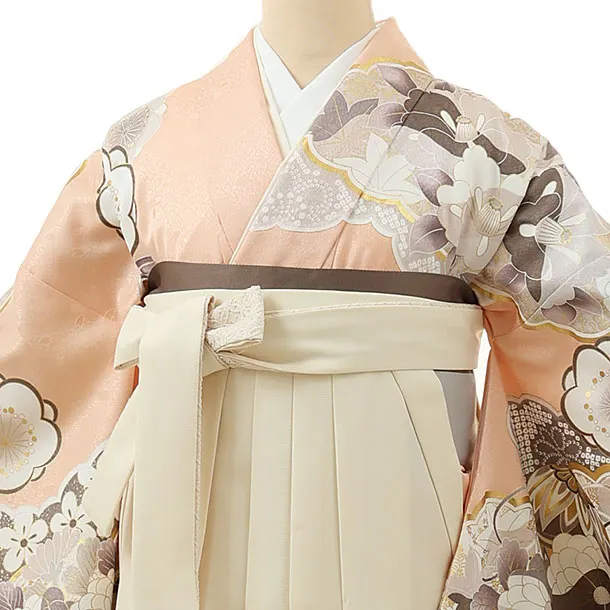 卒業式袴レンタル1446サーモンピンク雲取り梅xクリーム | 着物