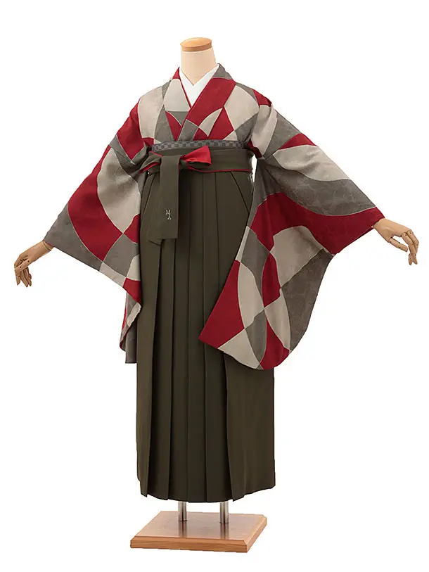 卒業式袴レンタル1200 モダンアンテナ 星間バラ赤xヒワ | 着物