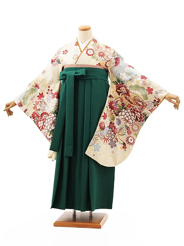 【ふくよかサイズ】卒業袴 T019 クリーム貝桶 花づくし×グリーン