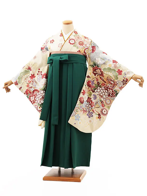 【ふくよかサイズ】卒業袴 T020 クリーム貝桶 花づくし×グリーン