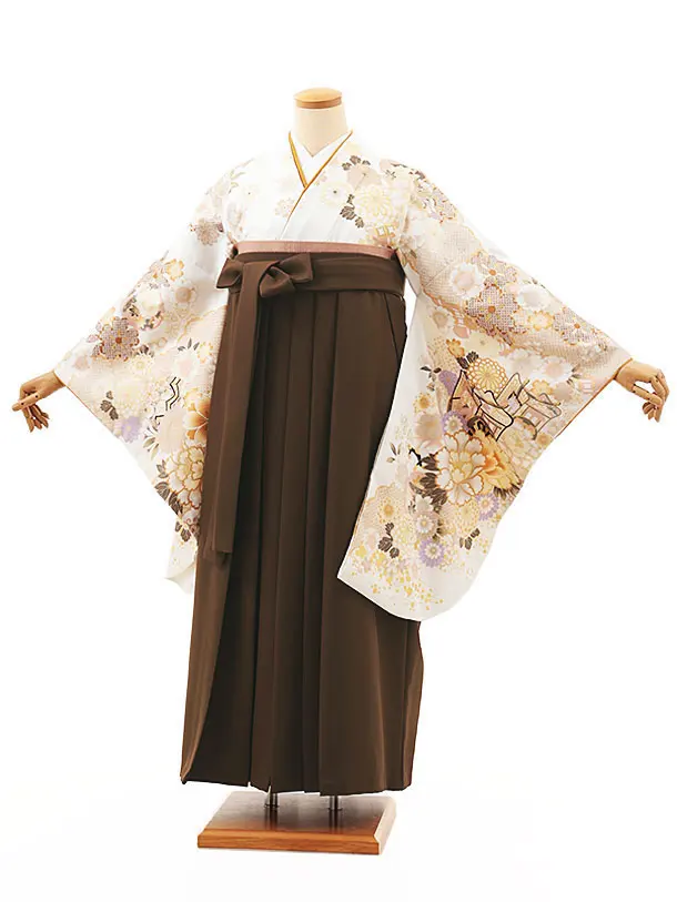 【ふくよかサイズ】卒業袴 T022 白地 御所車 花づくし×茶