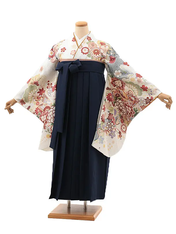 【ふくよかサイズ】卒業袴 T030 白地 貝桶 花づくし×紺
