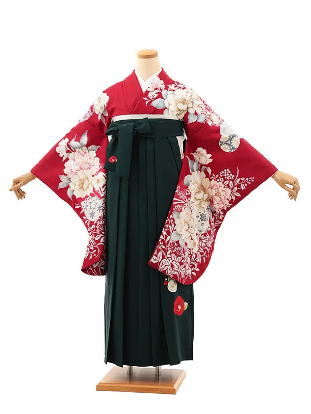 卒業袴T048　ワインレッド鞠牡丹×グリーン