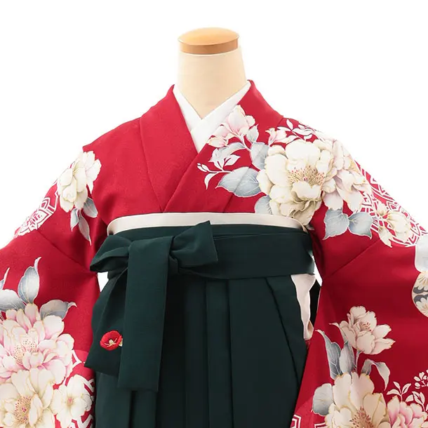 卒業袴T048 ワインレッド鞠牡丹×グリーン | 着物レンタルの京都かしい