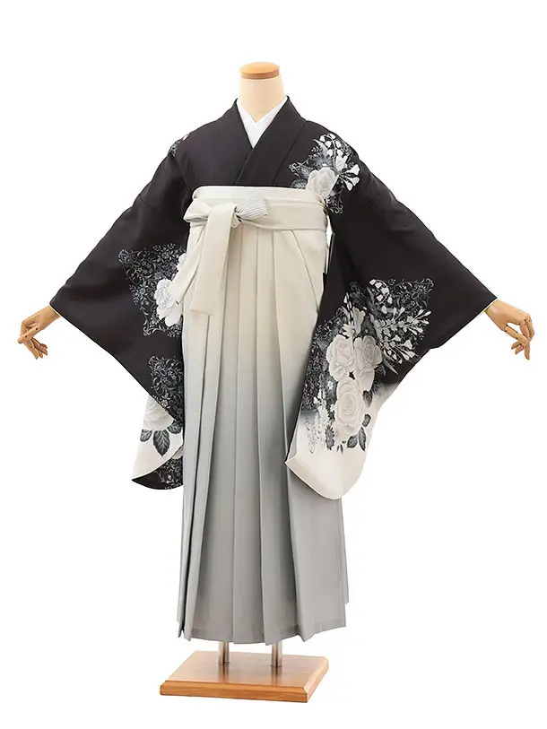 卒業袴T068　黒ぼかしバラ×グレーぼかし