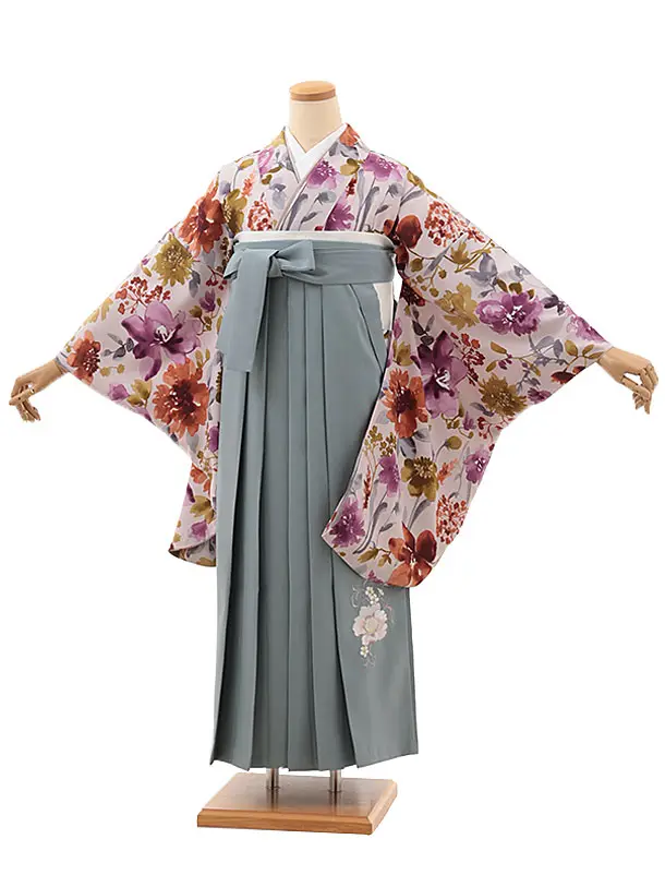 卒業袴T089　薄パープル水彩花×グレー