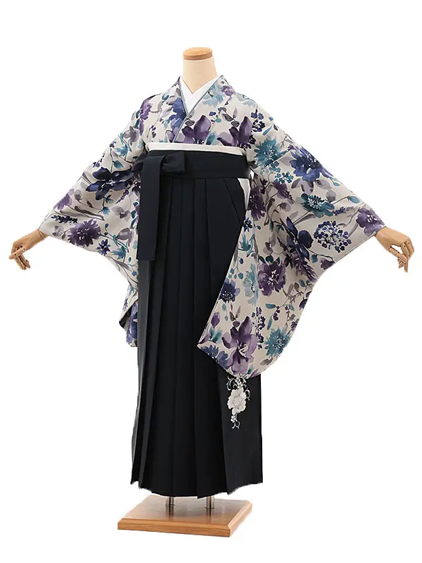 卒業袴T090　薄グレージュ水彩花×紺