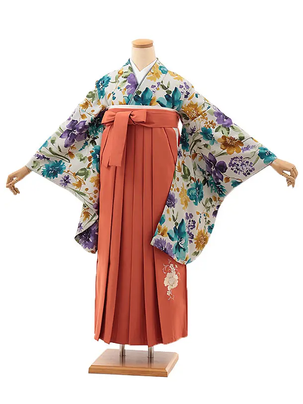 卒業袴T092　薄グレー水彩花×オレンジ