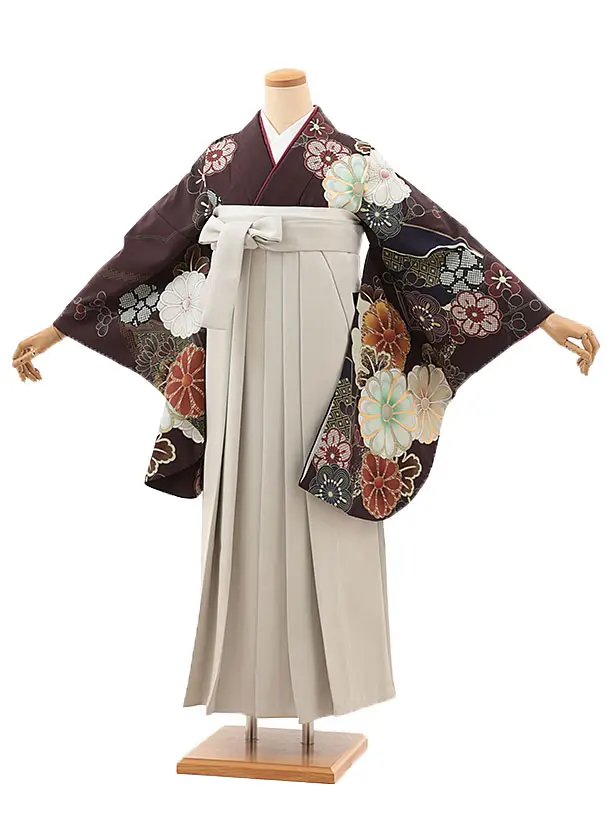 卒業袴T096　こげ茶梅菊×薄ベージュ レザー調