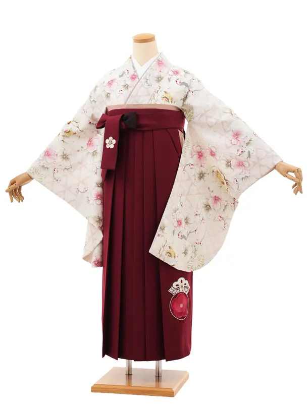 卒業袴T101　JAPAN STYLE オフ白花×ボルドー