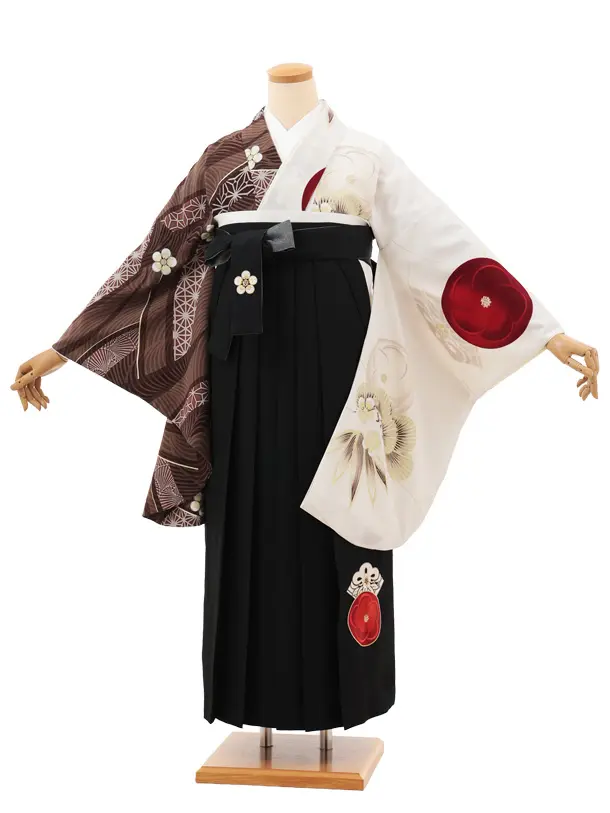 卒業袴T103　JAPAN STYLE 茶白片身替り梅椿×黒