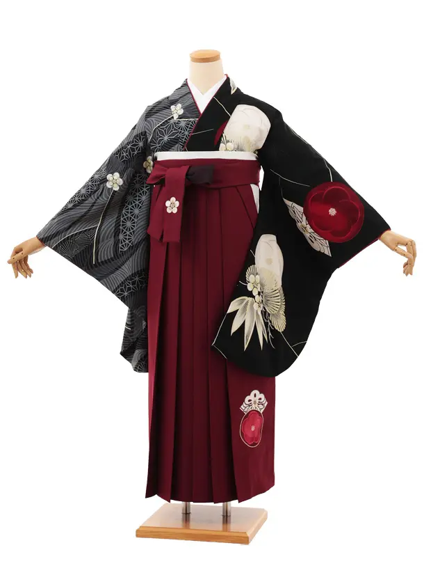 卒業袴T113　JAPAN STYLE 黒片身替り梅椿×ボルドー