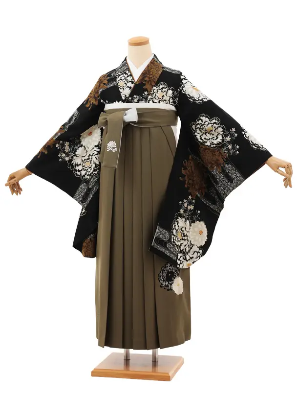 卒業袴T118　紅一点 黒菊牡丹×モスグリーン
