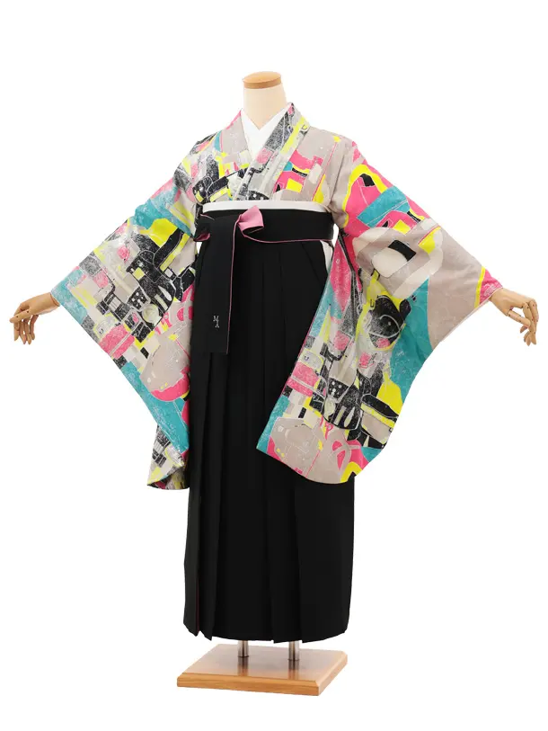 卒業袴T127　ﾓﾀﾞﾝｱﾝﾃﾅ 蛍光ピンクブルー未来計画×黒ピンク