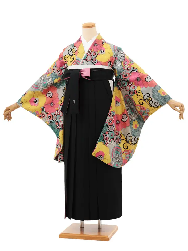 卒業袴T128　ﾓﾀﾞﾝｱﾝﾃﾅ グレーイエローサイケデリックフラワー×黒ピンク