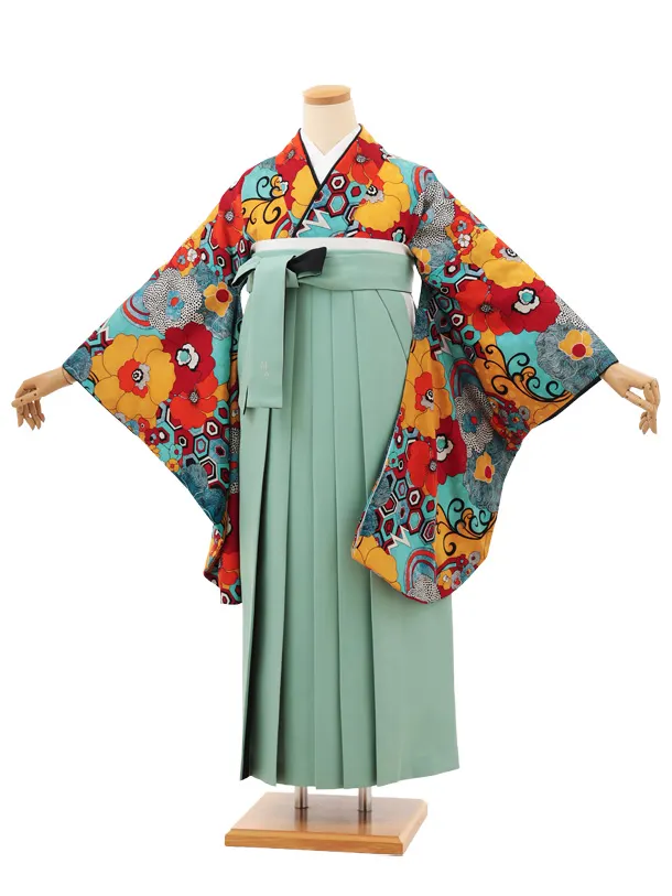 卒業袴T131　ﾓﾀﾞﾝｱﾝﾃﾅ 水色からしサイケデリックフラワー×ミント黒