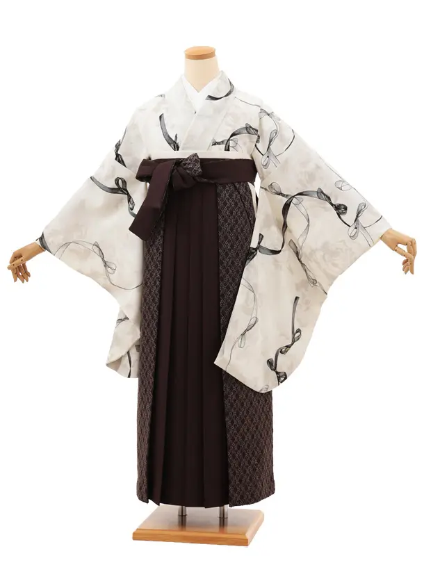 卒業袴T136　Heather オフホワイトリボン×ブラウンレース