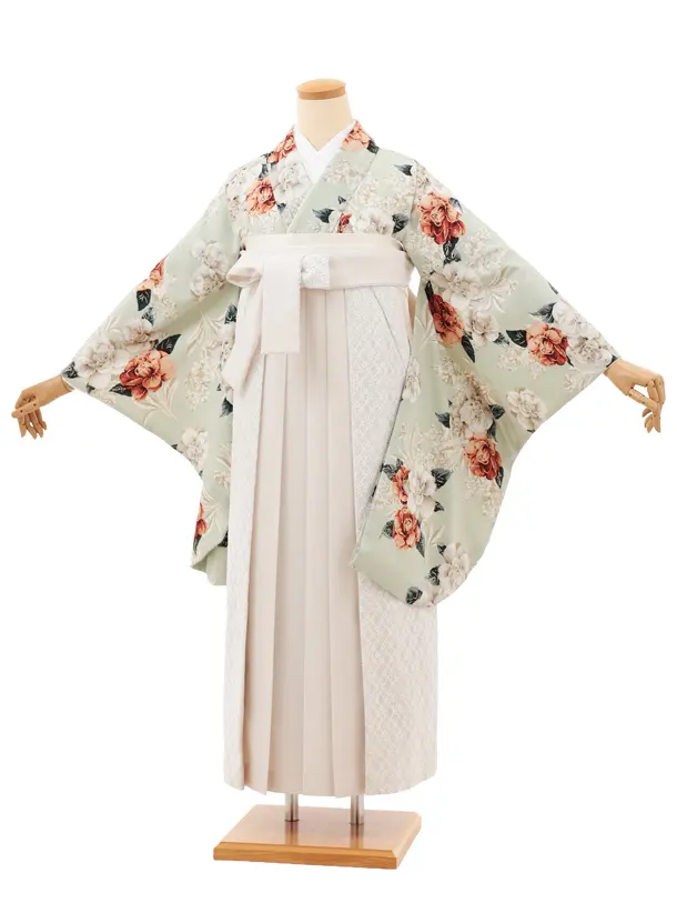 卒業袴T139　Heather ペールグリーン花×アイボリーレース