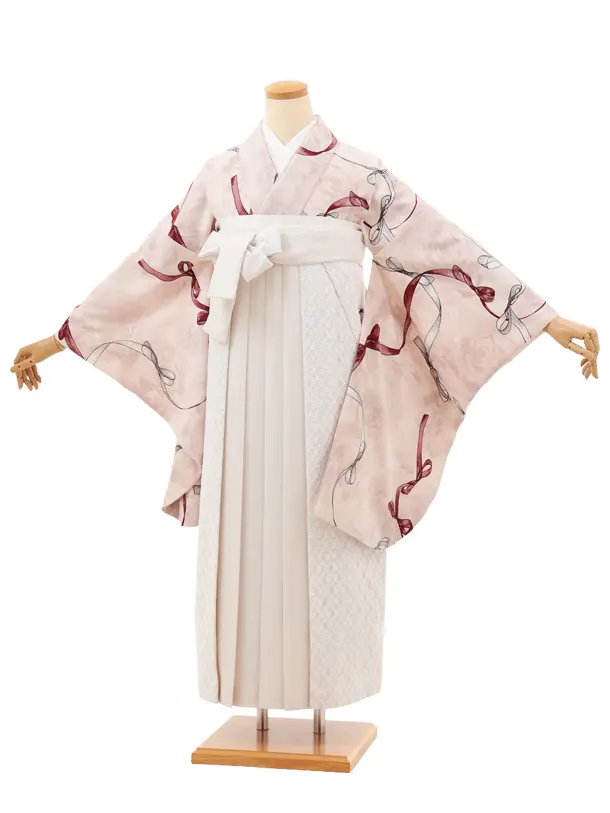 卒業袴T142　Heather ピンクベージュリボン×アイボリーレース