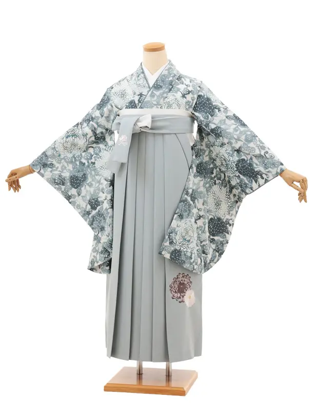卒業袴T153　紅一点 ブルーグレー菊尽くし×ブルーグレー