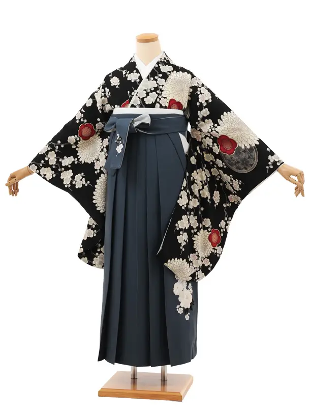 卒業袴T165 九重 黒 梅に菊×グレー