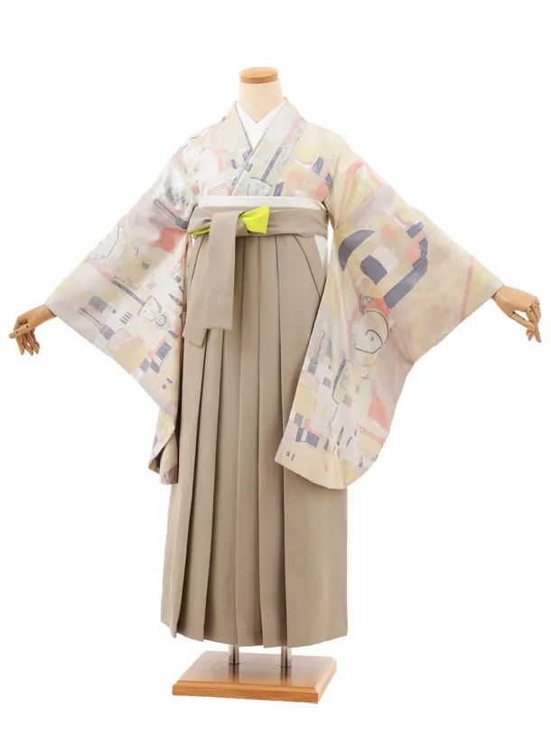 卒業袴T172 ﾓﾀﾞﾝｱﾝﾃﾅ ベージュGondoia×ベージュ蛍光グリーン