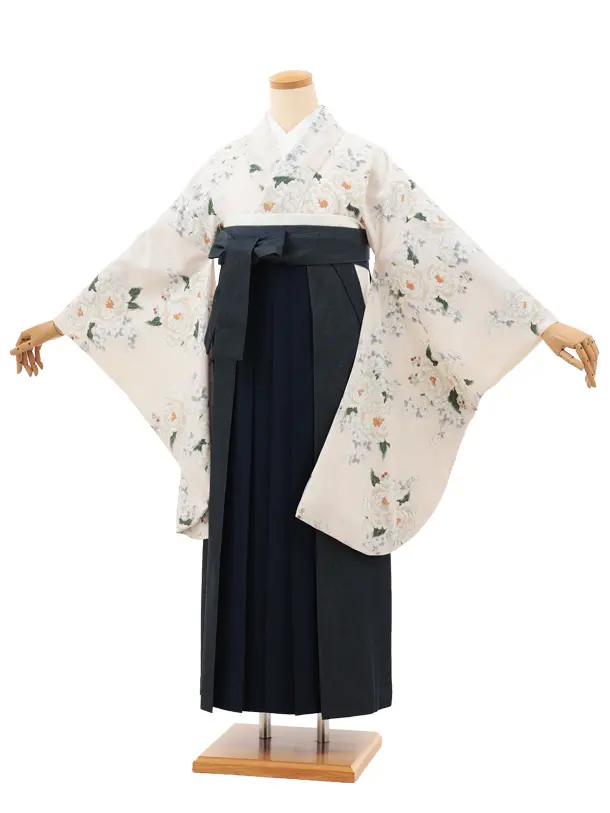 卒業袴T181 Heather アイボリー牡丹×デニム切りかえ