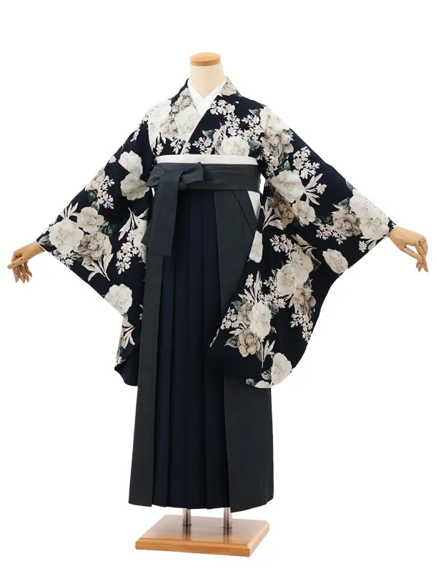 卒業袴T183 Heather ネイビー牡丹×デニム切りかえ