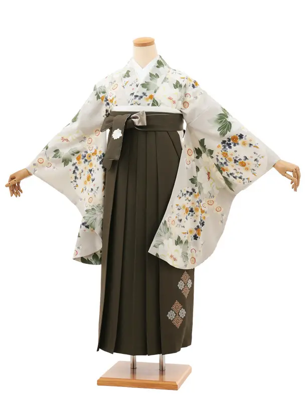 卒業袴T193 Kansai グリーンベージュ花×カーキグレー