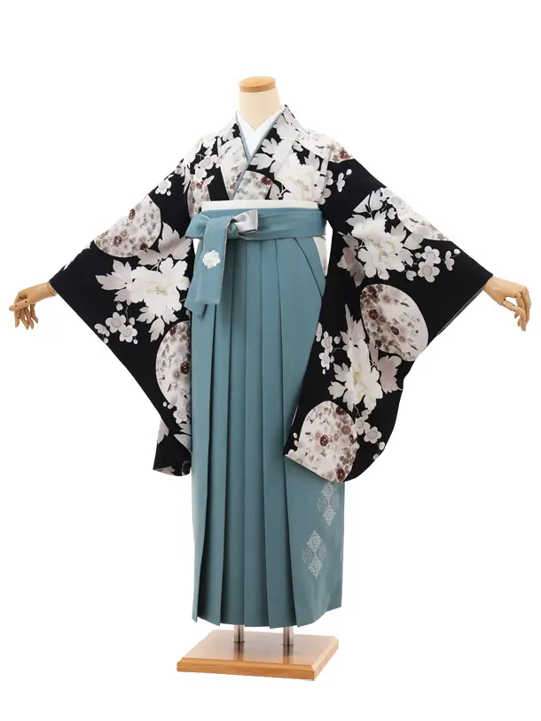 卒業袴T197 Kansai 濃藍花×ペールブルー