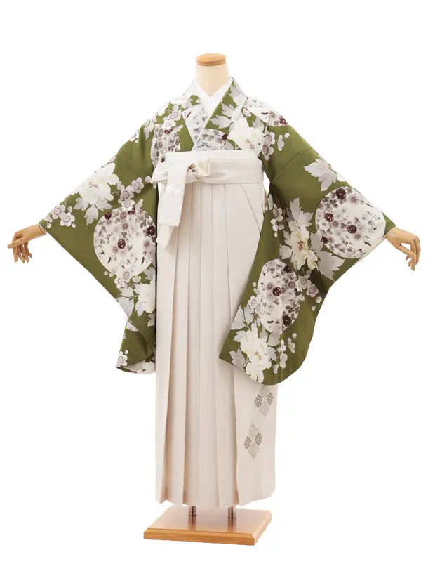 卒業袴T203 Kansai 抹茶色花×アイボリー