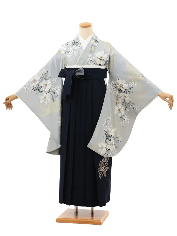 卒業袴T212 SUGARKEI ブルーグレー花×ネイビー