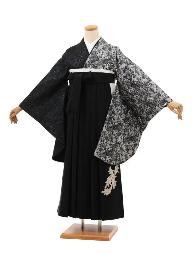 卒業袴T217 黒シルバー片身替り×黒