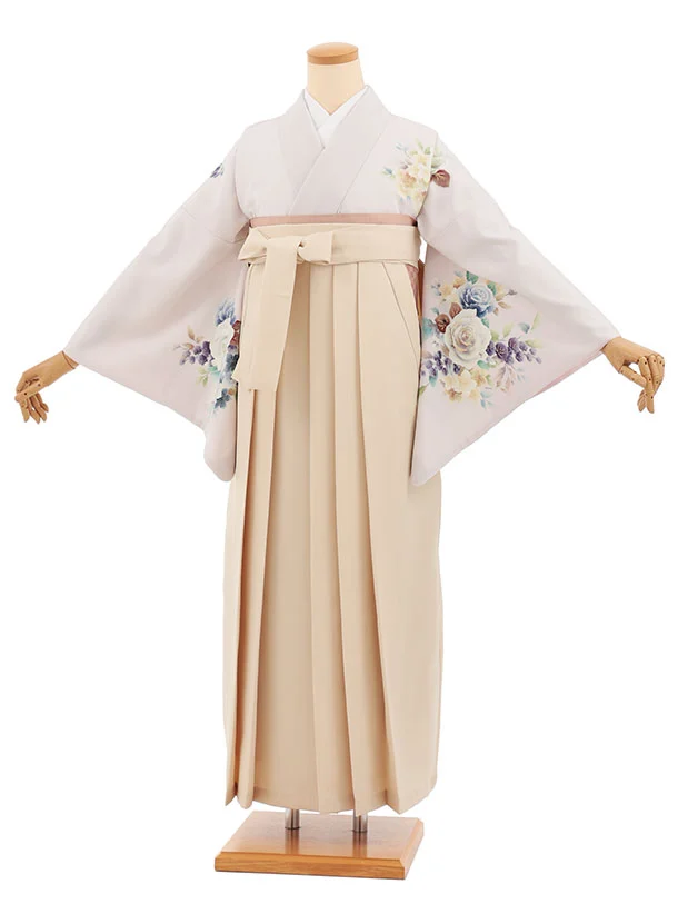 先生,教員向け袴レンタルT236　薄ピンク花×ベージュ