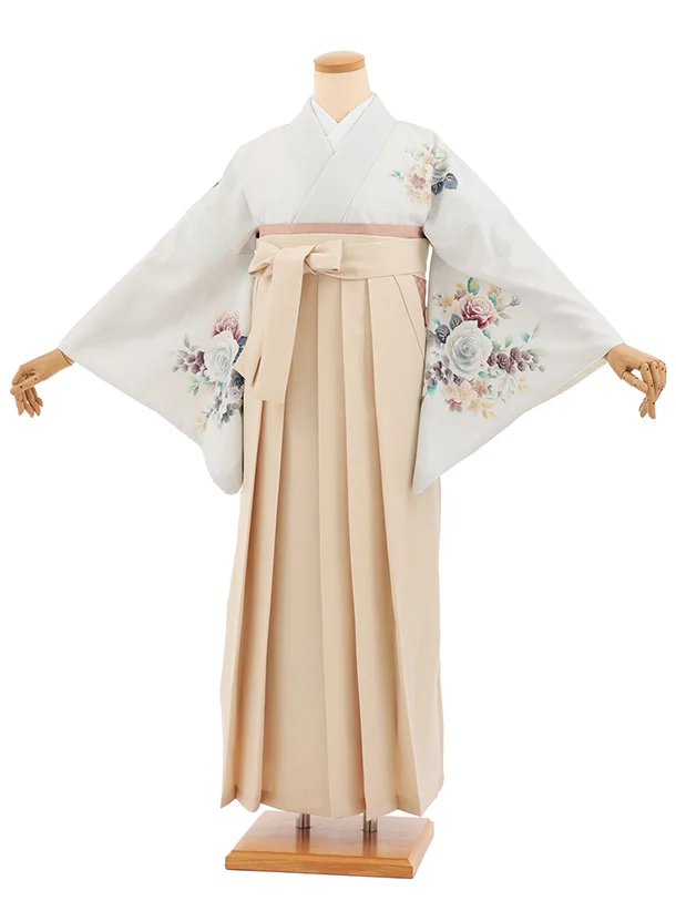 先生,教員向け袴レンタルT238　薄グレー花×ベージュ