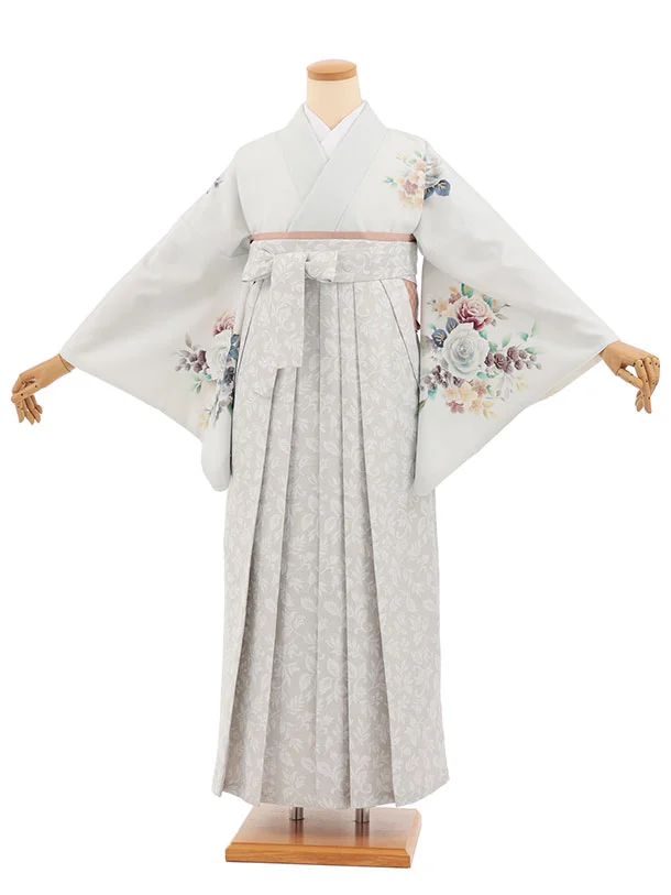先生,教員向け袴レンタルT239　薄グレー花×薄グレー花