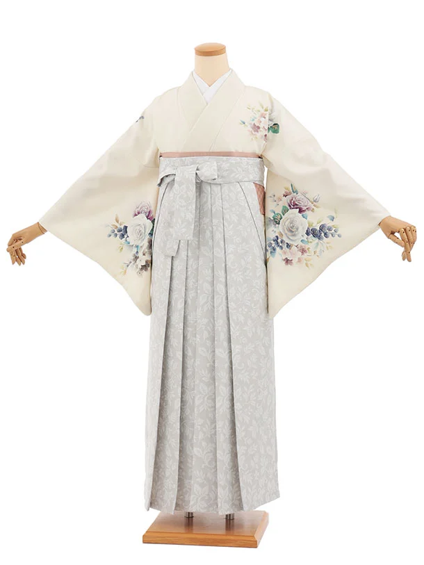 先生,教員向け袴レンタルT240　クリーム花×薄グレー花