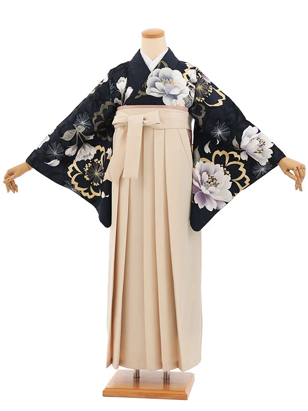 先生,教員向け袴レンタルT242　濃紺牡丹×ベージュ